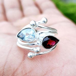 Two Stone-Sterling Silver-Ring |Garnet & Blue-Topaz Pear-Cut Ring |Unique-Bypass Design |Adjustable-Statement Ring,Handmade-Gemstone Jewelry