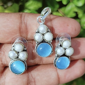 Handmade Sky Blue Topaz & Pearl Jewelry Set: Sterling Silver Pendant Earrings