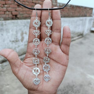 Long Silver Chakra Drop Earrings -7 Chakra Symbol Dangle Earrings - Spiritual Yoga Jewelry - Meditative Boho Statement Earrings~Gift for her