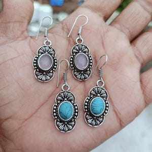 Bohemian Turquoise & Rose Quartz Dangle Earrings: Handmade Silver Jewelry Set