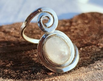 Handmade Sterling-Silver Moonstone-Spiral Ring | Artisan Statement-Silver Stone Ring | Boho Adjustable-Jewelry