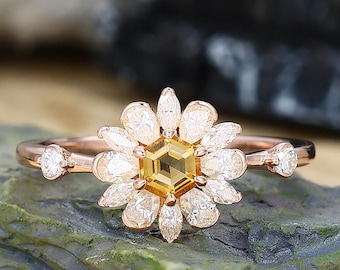 Floral design wedding ring Hexagon cut 4mm citrine ring Vintage citrine promise ring Unique anniversary ring gift for women Dainty ring