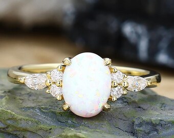 Oval cut 6x8mm white opal engagement ring for women Yellow gold plated opal ring stacking wedding ring prongs set ring opal promise ring
