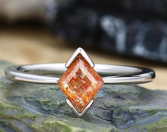 Sunstone engagement ring Unique minimalist ring White gold plated ring Orange gems ring Anniversary ring gift for women Dainty sunstone ring