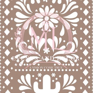 May include: A decorative paper cut design in shades of brown and white. The design features floral and geometric patterns, including flowers, diamonds, and cacti. The text "EVENTS AND DECOR" and "A VISION COME TRUE" is visible.