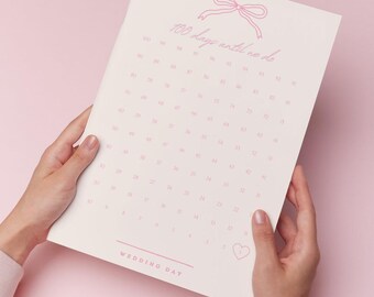 100 Day Wedding Countdown Calendar – Pink Bows | Romantic Engagement Gift | Wedding Planner Decor | Bride-to-Be Countdown Sign |
