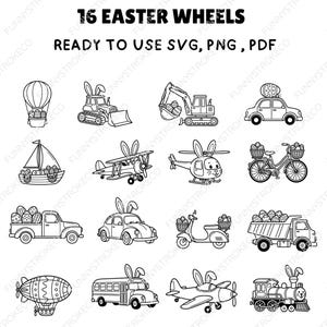 May include: Black and white line art illustrations of Easter-themed vehicles and objects, including a hot air balloon, bulldozer, car, sailboat, airplane, helicopter, bicycle, truck, scooter, and train. Text reads "15 Easter Wheels, Ready to Use SVG, PNG, PDF."