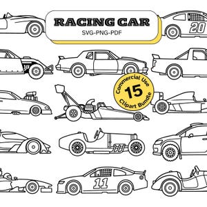 Peut inclure: Illustrations en noir et blanc de différentes voitures de course. Le texte "RACING CAR" et "SVG-PNG-PDF" est visible. Un graphique circulaire indique un "Commercial Use 15 Clipart Bundle".