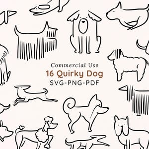 Könnte beinhalten: Eine Sammlung von 16 skurrilen Hundeillustrationen in schwarzer Strichzeichnung. Das Bild zeigt verschiedene Hunderassen und -posen mit dem Text "Commercial Use 16 Quirky Dog SVG-PNG-PDF".