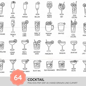 Puede incluir: Ilustración en blanco y negro de 64 cócteles, incluyendo Margarita y Moscow Mule. Cada bebida se representa en su vaso con guarniciones. La imagen incluye la palabra "COCKTAIL".
