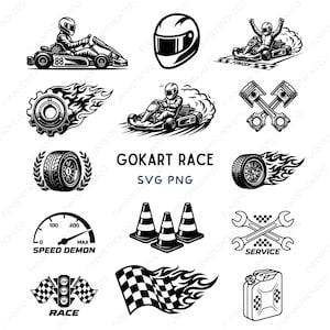May include: A collection of black and white go-kart racing illustrations. The images include a go-kart, helmet, checkered flag, racing tire, speed gauge, and other racing-related graphics. The text "GOKART RACE SVG PNG" is also present.