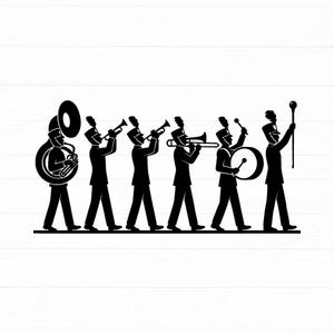 Könnte beinhalten: Eine schwarze Silhouettengrafik einer Blaskapelle bestehend aus sechs Figuren. Die Musiker spielen ein Sousaphon, zwei Trompeten, eine Posaune und eine Trommel, während ein Tambourmajor die Gruppe mit einem hohen Stab anführt.
