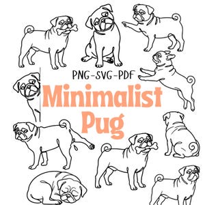 May include: A collection of minimalist line art illustrations of pugs in various poses. The pugs are depicted in black lines on a white background, with the words "Minimalist Pug" in orange text.