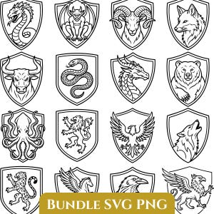 Peut inclure: Ensemble de blasons héraldiques noirs et blancs, chacun dans un écu, représentant des créatures telles qu'un dragon, un loup et un aigle. Le texte "BUNDLE SVG PNG" est en bas de l'image.