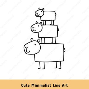 May include: A minimalist line art illustration of three sheep stacked on top of each other. The sheep are drawn in black lines with simple shapes and features. The text "Cute Minimalist Line Art" is at the bottom.