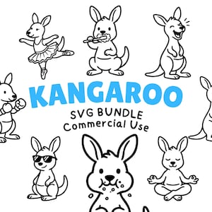 May include: A collection of black and white cartoon kangaroo illustrations in various poses, including a ballerina, a kangaroo with sunglasses, and a kangaroo brushing its teeth. The word "KANGAROO" is in blue, with "SVG BUNDLE Commercial Use" below.