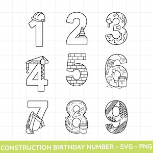 May include: Black and white line art of numbers 1 through 9, each designed with a construction theme. Number 1 has a hard hat, 2 has a traffic cone, 3 has a dripping pattern, 4 has a crane, 5 is brick, 6 has paint, 7 has an excavator, 8 has tools, and 9 has tire tracks.