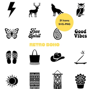 May include: A collection of black and white retro boho icons, including a lightning bolt, deer, wolf, owl, butterfly, text that says "Free Spirit" and "Good Vibes", a sun, a macrame wall hanging, and a succulent.