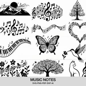 May include: Black and white digital illustrations of musical elements, including treble clefs, musical notes, a piano keyboard, a butterfly, and a tree. The text "MUSIC NOTES" is at the bottom, along with file type information.