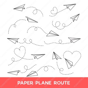 May include: A white background with multiple black paper airplanes and dotted flight paths. Some paths form heart shapes. The text "PAPER PLANE ROUTE" is in a red rectangle at the bottom.