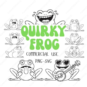 Può includere: Una collezione di illustrazioni di rane stravaganti in bianco e nero, con varie espressioni e pose. Il testo "QUIRKY FROG" in verde è in evidenza, insieme a "COMMERCIAL USE" e "PNG-SVG".