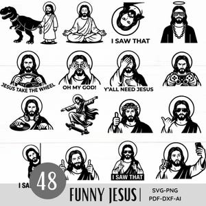 Op de afbeelding: Een verzameling van 12 zwart-wit illustraties van Jezus in verschillende humoristische poses. Sommige afbeeldingen bevatten tekst zoals "I SAW THAT", "JESUS TAKE THE WHEEL" en "OH MY GOD!". De tekst "FUNNY JESUS" staat onderaan.