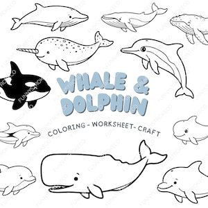 May include: A collection of black and white illustrations of whales and dolphins, including a narwhal and an orca. The image features the text "WHALE & DOLPHIN COLORING - WORKSHEET - CRAFT". Ideal for colouring or craft projects.