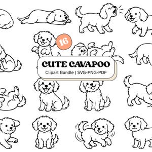 Paquete de archivos SVG de perros Cavapoo / Imágenes prediseñadas de cachorros esponjosos, diseños para mamás de perros