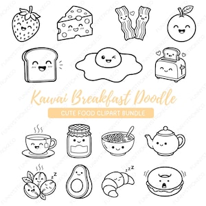 Może przedstawiać: Czarno-biały pakiet clipartów z bazgrołami śniadaniowymi Kawaii. Zawiera truskawkę, ser, boczek, pomarańczę, tost, jajko, toster, herbatę, dżem, płatki zbożowe, czajniczek, ziarna kawy, awokado, rogalik i pączka.