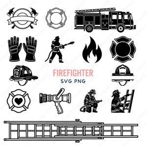 Puede incluir: Una colección de gráficos SVG y PNG en blanco y negro con temática de bomberos. Incluye un camión de bomberos, hachas, un salvavidas, guantes, un bombero con una manguera, una llama, una cruz de Malta, un casco, una boquilla y una escalera. Se muestra la palabra "FIREFIGHTER".