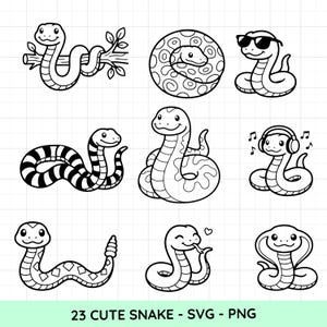 Peut inclure: Illustration de neuf serpents de dessin animé en noir et blanc. Les serpents sont représentés dans diverses poses, dont enroulés, portant des lunettes de soleil et avec des écouteurs. Le texte "23 CUTE SNAKE - SVG - PNG" est inclus.