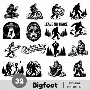 May include: A collection of 32 black and white Bigfoot-themed illustrations. The images depict Bigfoot in various activities, including riding a bike, skateboarding, and holding a pumpkin. The word "Squatchin'" is also featured.