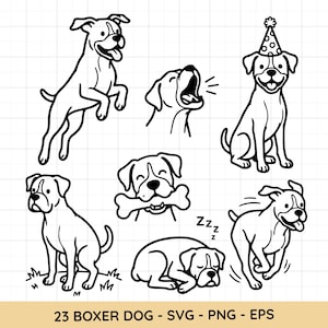 Puede incluir: Ilustraciones en blanco y negro de perros Boxer en varias poses. Un perro salta, otro ladra y un tercero lleva un gorro de fiesta. Otros perros están sentados, corriendo y durmiendo. El texto "23 BOXER DOG - SVG - PNG - EPS" está en la parte inferior.