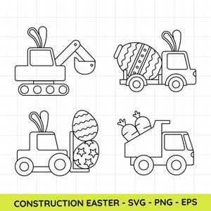 Könnte beinhalten: Schwarz-Weiß-Illustrationen von Baumaschinen mit Ostermotiven. Enthält einen Bagger, einen Betonmischer, einen Gabelstapler mit Ostereiern und einen Muldenkipper mit Karotten. Der Text "CONSTRUCTION EASTER - SVG - PNG - EPS" befindet sich unten.