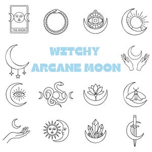 May include: A set of black and white line drawings of mystical symbols, including moons, stars, and snakes. The designs also feature eyes, crystals, and a tarot card with the text "THE MOON". The words "WITCHY ARCANE MOON" are in light blue.