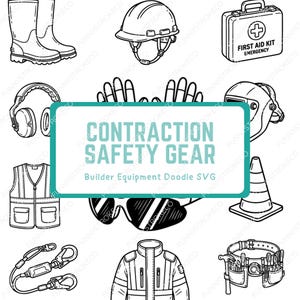 Può includere: Illustrazione in bianco e nero di attrezzature di sicurezza per l'edilizia. Include un casco, un kit di pronto soccorso, occhiali di sicurezza, stivali da lavoro, un giubbotto di sicurezza e una cintura porta attrezzi. Il testo "CONTRACTION SAFETY GEAR" è visualizzato.