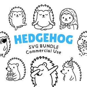 May include: A collection of black and white cartoon hedgehogs in various poses, including one wearing sunglasses and another with a party hat. The text "HEDGEHOG SVG BUNDLE Commercial Use" is in blue.