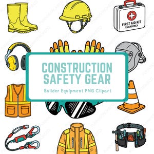 Clipart di attrezzature di sicurezza per l'edilizia / Casco di protezione, stivali, gilet, DPI vettoriale (download digitale)