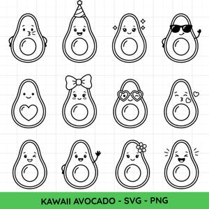 May include: A collection of twelve black and white kawaii avocado illustrations with various expressions and accessories. Some avocados have sunglasses, a party hat, a bow, or a flower. The text "KAWAII AVOCADO - SVG - PNG" is at the bottom.