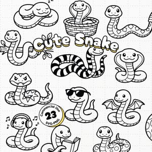 May include: Black and white cartoon illustrations of various cute snakes in different poses. Some snakes wear sunglasses, headphones, or have wings. The text "Cute Snake" is in the center. Includes a badge that says "Commercial Use 23 SVG-PNG".