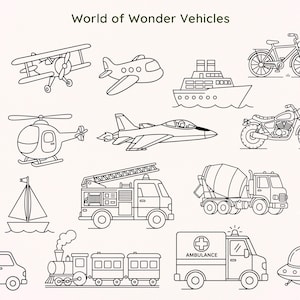 May include: A monochrome illustration featuring a collection of vehicles such as aeroplanes, helicopters, rockets, boats, fire engines, ambulances, and trains. The text "World of Wonder Vehicles" is displayed at the top.