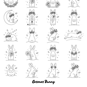 コスモスバニーのクリップアートバンドル｜天上のウサギ、花柄の月、星空のPNG画像（デジタルダウンロード）