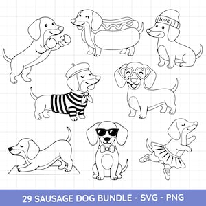 May include: A collection of nine black and white line art illustrations of dachshund dogs in various poses and outfits. One dog is wearing boxing gloves, another is in a hot dog costume, and another is wearing a beanie that says "love". The bottom of the image reads "29 SAUSAGE DOG BUNDLE - SVG - PNG".
