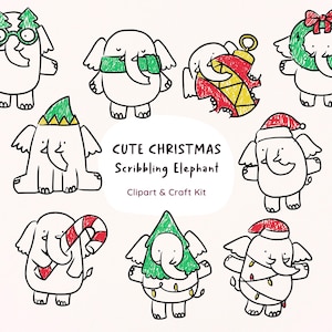 May include: A collection of whimsical, hand-drawn Christmas elephant illustrations. Each elephant is white with black outlines and adorned with festive accessories like a Santa hat, Christmas tree, and ornaments. Text reads "CUTE CHRISTMAS Scribbling Elephant Clipart & Craft Kit."