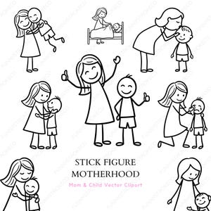 Puede incluir: Ilustraciones en blanco y negro de figuras de palo que representan varias escenas de maternidad e interacción con niños. Las imágenes muestran a madres abrazando, besando y cuidando a sus hijos. El texto dice "STICK FIGURE MOTHERHOOD Mom & Child Vector Clipart."
