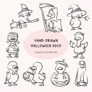 May include: Hand-drawn Halloween duck clipart and craft kit. The image features nine black and white illustrations of ducks dressed in Halloween costumes, including a witch, mummy, and ghost. The text "Hand-Drawn Halloween Duck" is in a pink oval.