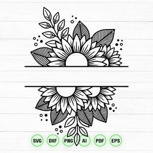 Sunflower Split Monogram SVG PNG DXF, Floral Name Frame, Line Art Leaves