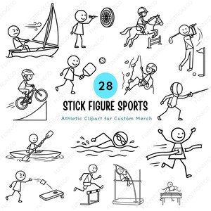 May include: Black and white line art illustration of various sports, including sailing, darts, equestrian, golf, cycling, rock climbing, fencing, kayaking, swimming, running, and more. Text reads "28 Stick Figure Sports".