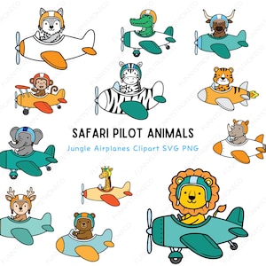 May include: A collection of cartoon airplanes, each piloted by a different safari animal. The animals include a wolf, crocodile, zebra, tiger, elephant, rhino, deer, bear, and lion. The airplanes are in various colors, including teal, orange, and yellow.