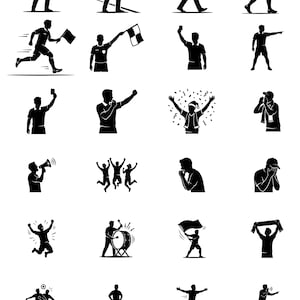 Puede incluir: Una colección de ilustraciones en silueta en blanco y negro que representan diversas acciones relacionadas con el deporte. Las imágenes incluyen figuras corriendo con banderas, árbitros señalando, personas animando e individuos con megáfonos y tambores.